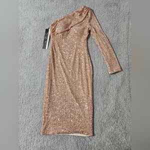 Dalia MacPhee Gold Sparkly One Shoulder Cocktail Dress